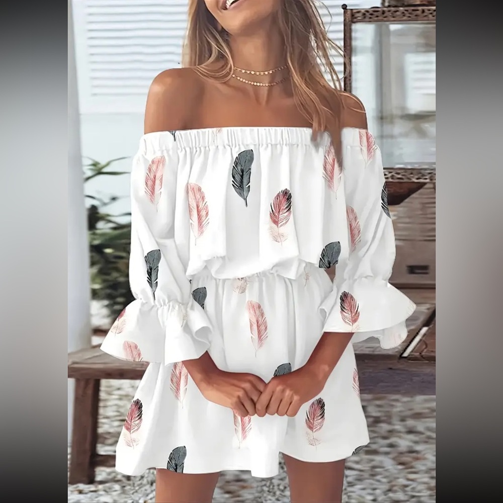 Cream Off-Shoulder Ruffled Sundress with Bell Sleeves